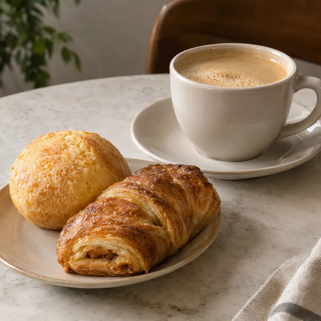Café con leche with pandebono and a Colombian bakery pastry