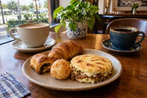 Coffee and Colombian bakery pastries prepared for a café comparison between Orlando neighborhoods