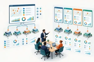 Illustration comparing centralized and separate Google Ads account structures for franchise locations