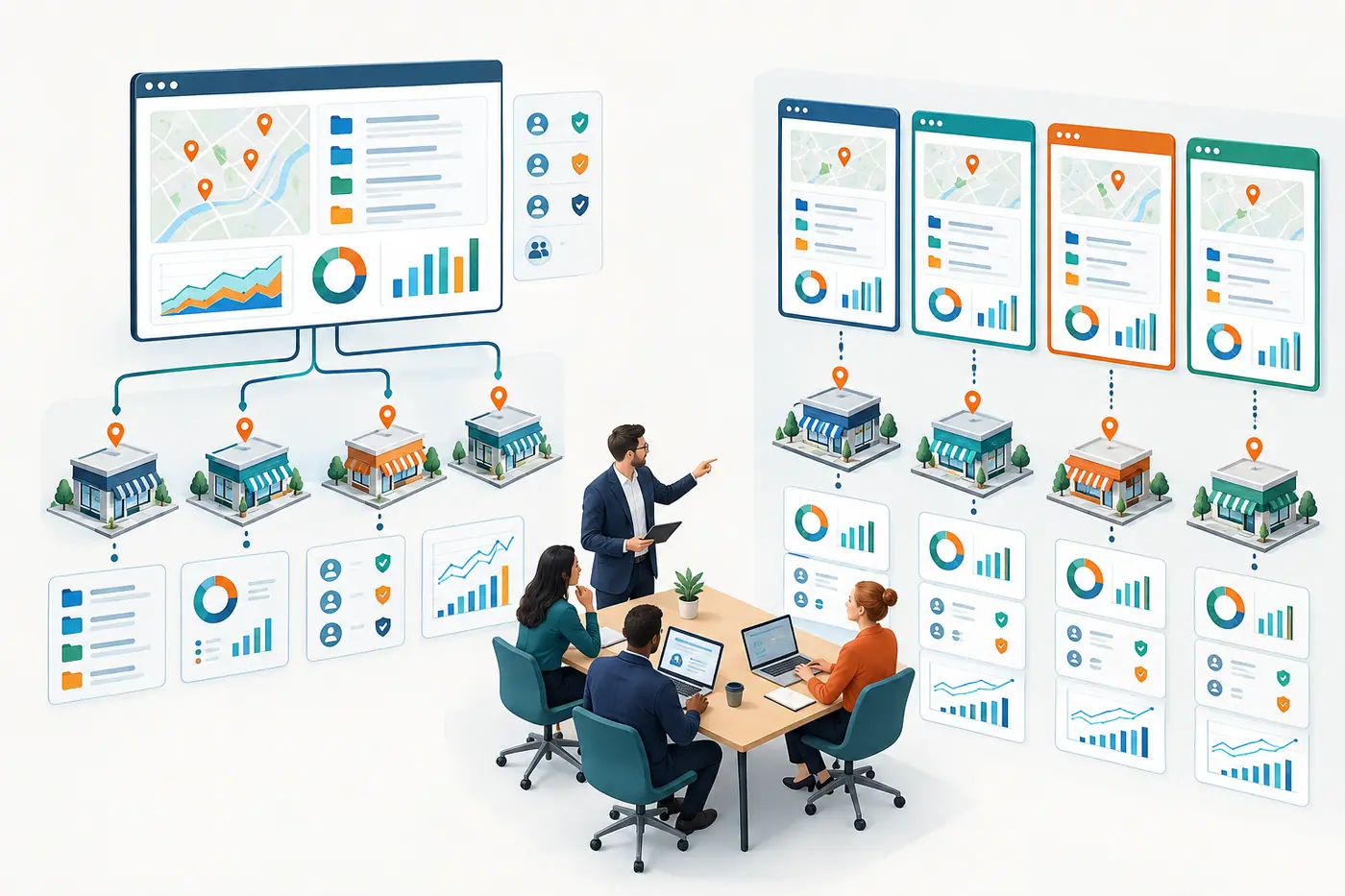Illustration comparing centralized and separate Google Ads account structures for franchise locations