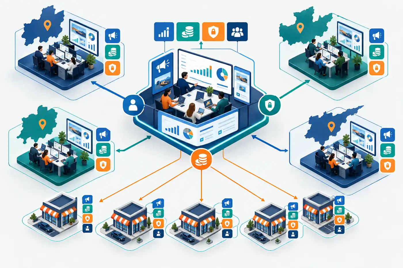 Illustration of a hybrid Google Ads account model for franchise regions and locations