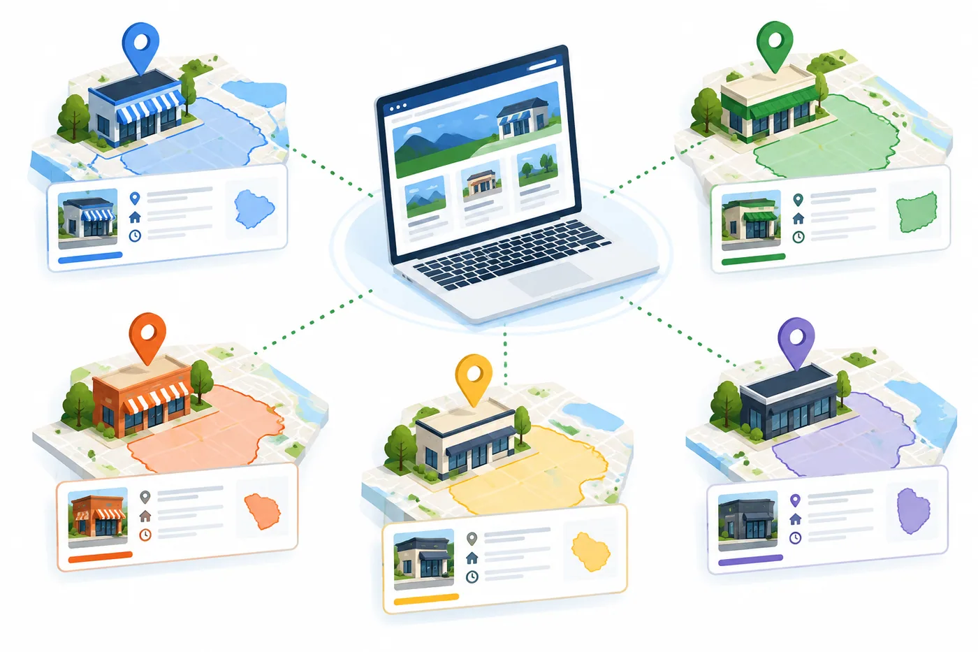 A clean editorial illustration of a franchise location network with distinct local landing pages connected to a central brand website
