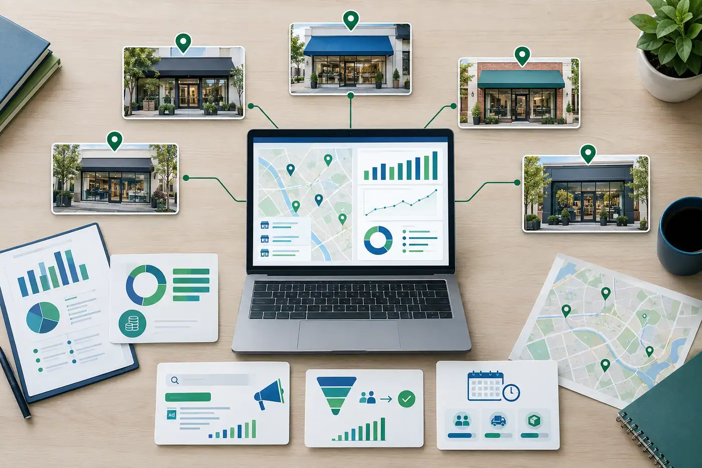Illustration of a franchise PPC budget allocation system connecting central marketing with local locations