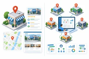 Diagram comparing local SEO tasks for one location with franchise SEO governance across multiple locations