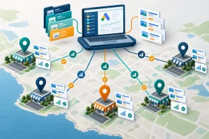 Illustration of a structured Google Ads system connecting central franchise campaigns with local business locations