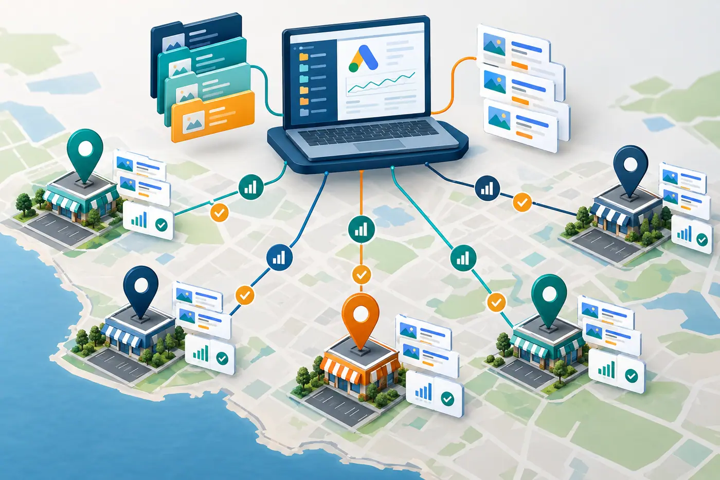 Illustration of a structured Google Ads system connecting central franchise campaigns with local business locations