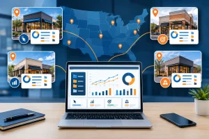 Illustration of a structured Google Ads system connecting central franchise campaigns with local business locations