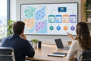 Planning board showing a multi-location franchise map, grouped campaign regions, and a clear lead-routing workflow