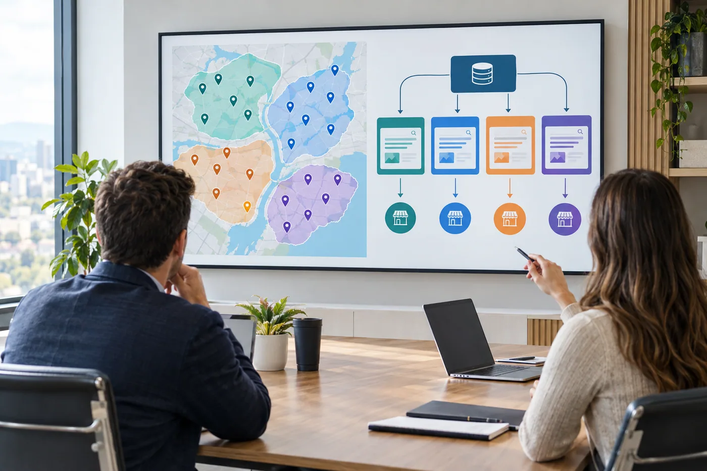 Planning board showing a multi-location franchise map, grouped campaign regions, and a clear lead-routing workflow